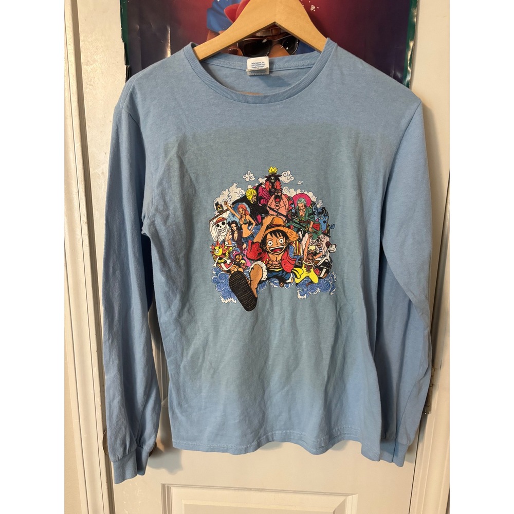 One Piece Anime Straw Hat Crew Graphic Long Sleeve T-Shirt Light Blue Mens Small